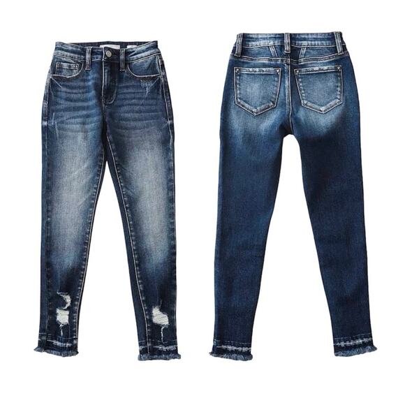 KanCan Girls Signature High Rise Ankle Skinny Jeans Size 5 Frayed Hem Blue Denim - Picture 1 of 11